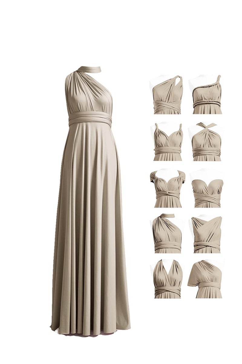 72styles Bridesmaid Dresses One Shoulder Long for Women Formal Vintage Evening Party Prom Gown Halter Convertible Dress with Bandeau Plus Size Taupe - Image 1